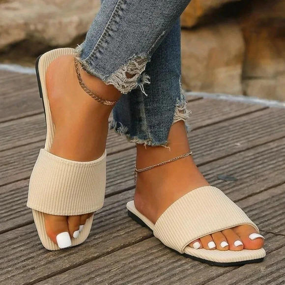 Elegant Beige Sandals For Women, Minimalist Single Band Slide Sandals - Picture 5 of 6